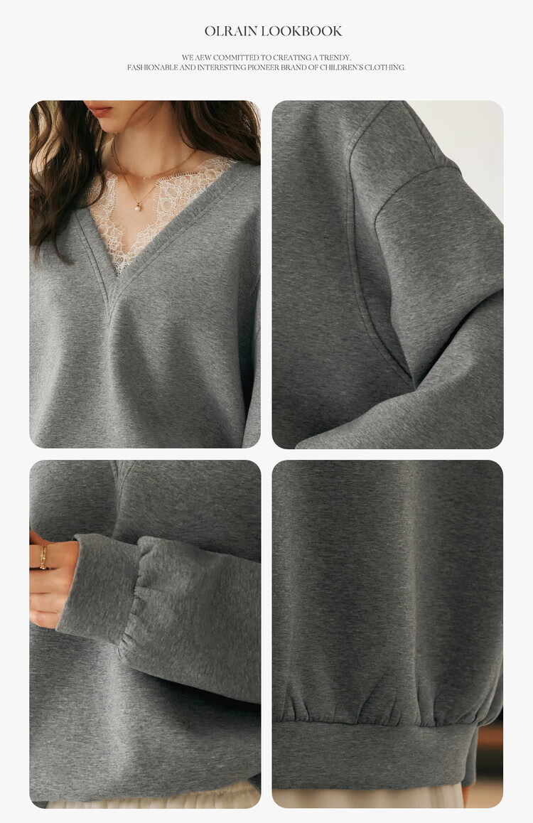 Oulain French V-Neck Sweatshirt for Women, Spring New Style Distinctive Lace Casual Pullover Top, High Gray, Size S 8