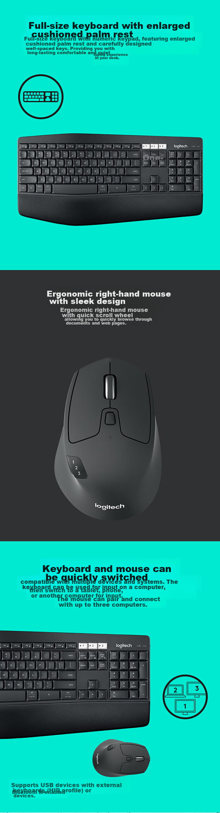 Logitech MK850 [Enterprise Grade] Wireless Bluetooth Office Keyboard And Mouse Combo, Mac IPad Computer Keyboard Dual-Mode Connection with Palm Rest, Black [Group Purchase Discount] 2