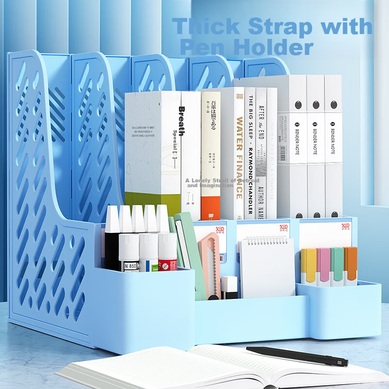 Xinshida File Organizer, Extra Thick Folder Shelf, Bookend, Office Desktop Standing File Storage Box, Basket for Organizing Documents And Materials, Four-Tier Multi-Layer Functional Pen Holder, Supplies, Blue