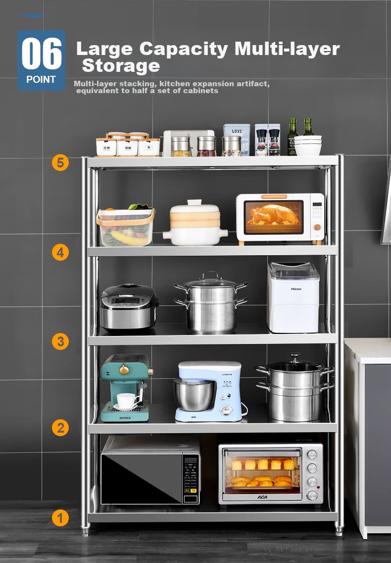 UOEN Stainless Steel Kitchen Multi-Functional Storage Rack, Multi-Layer Floor-Standing Household Cabinet, Microwave Oven Workbench Storage Shelf 14