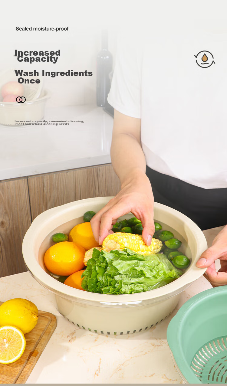 Bayco Vegetable Washing Basket, Draining Basket, Double-Layer Vegetable Washing Basin, Rice Washing Draining Basket, Strainer Basket, Fruit Washing Colander, Medium-Sized BX5240 6