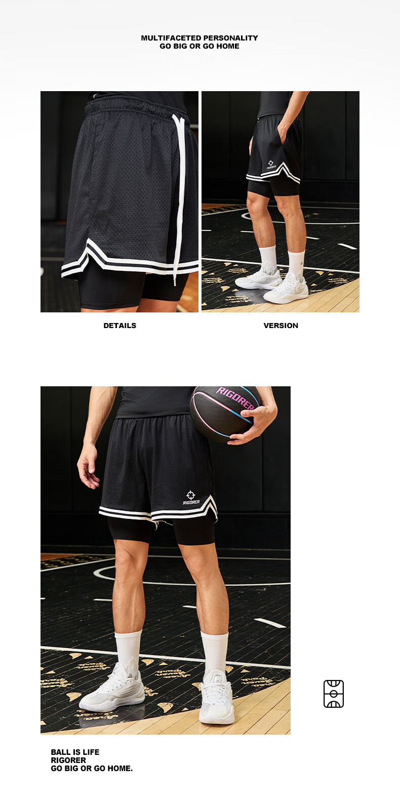 RIGORER Competitive Knitted Knee-Length Shorts for Men And Women, Basketball Shorts, Layered Sports Running Breathable Shorts 12