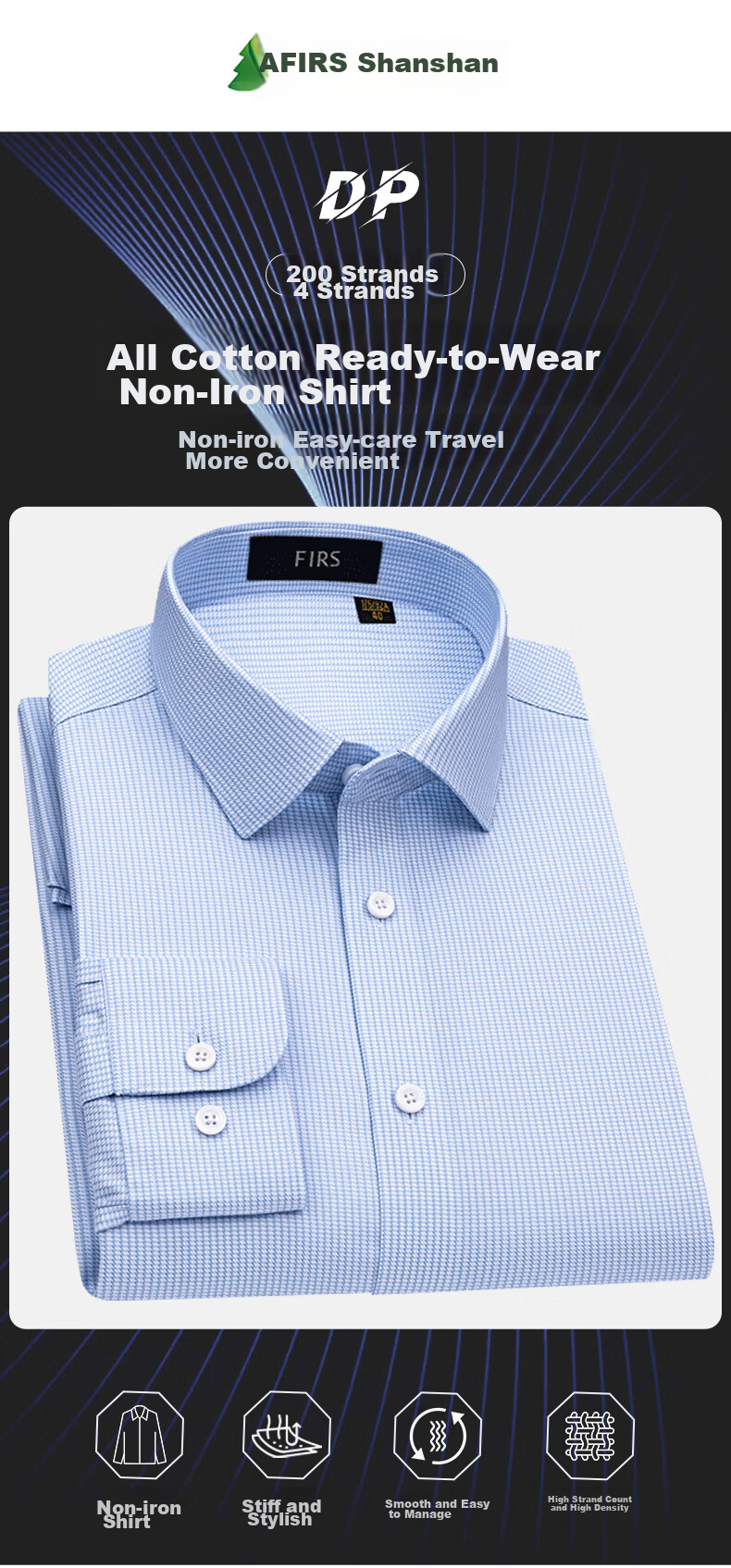 FIRS [200 Thread Count DP Wrinkle-Free] Men's Long Sleeve Shirt, Pure Cotton High-End Business Houndstooth Shirt, Blue, Size 38 1