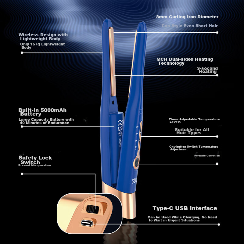 GUGE German Wireless Portable Flat Iron, Quick Styling, Long-Lasting Hold, High Crown, Travel-Friendly, Curling Iron, Straight Hair Flat Iro