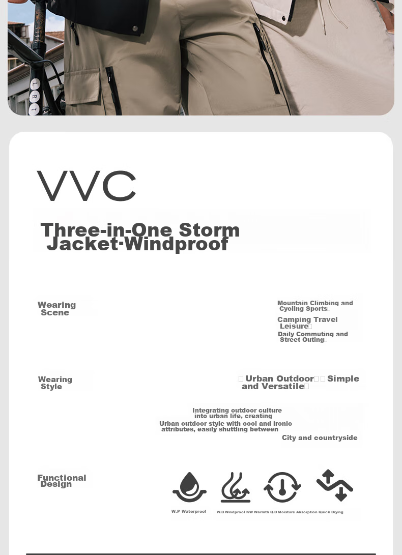VVC Functional Windproof And Waterproof Jacket for Men And Women with Detachable Fleece Inner Layer, Warm Outdoor Coat, Cloud White, Size S 2