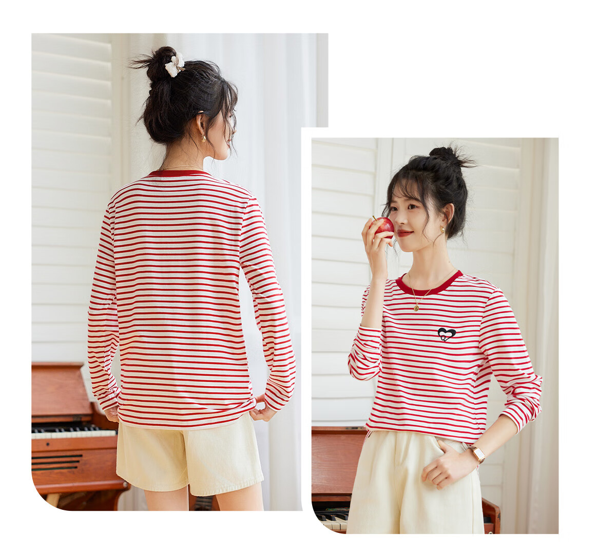 Halo Queen Long-Sleeve T-Shirt for Women, Spring And Autumn Round Neck, Heart Embroidery Striped Base Shirt, Casual Fashion Top, New Product H143T2005 13