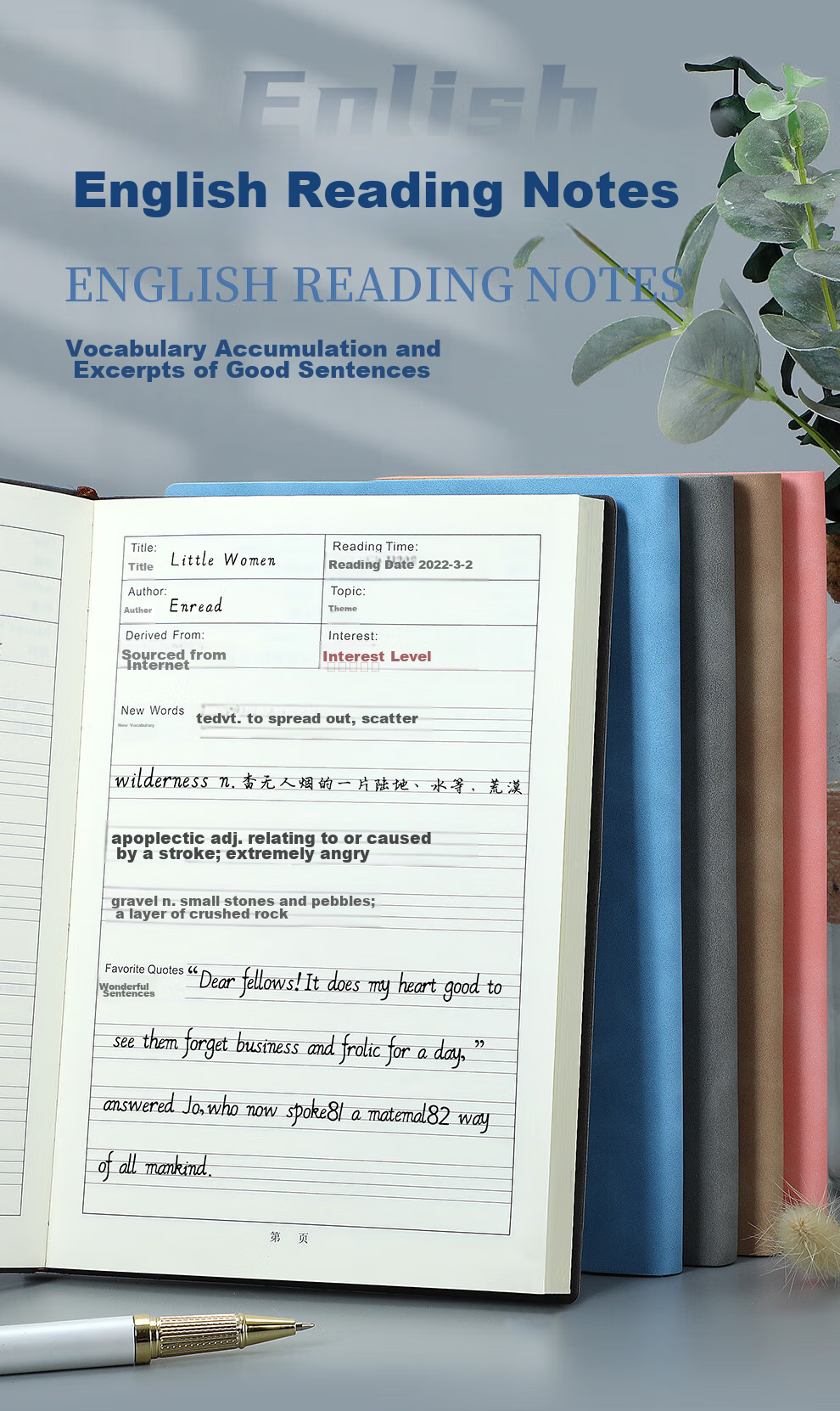 Jiaranheng English Reading Record Book, Extracurricular Reading Material, After-Reading Notes, Specialized Notebook for High School And Middle School Students, Good Words And Phrases Collection Book, Thickened A5 Pink 1