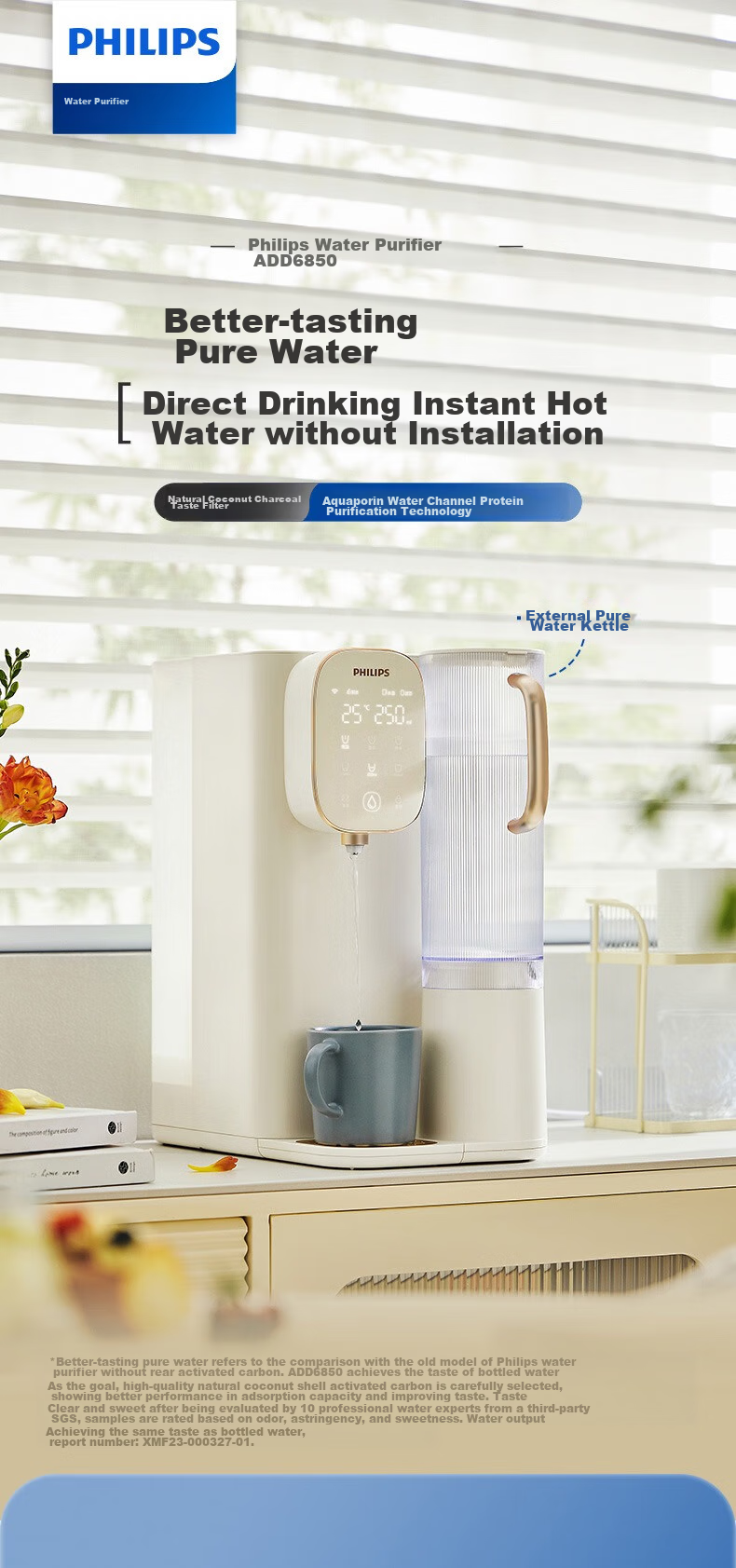 PHILIPS Water Purifier, Desktop No-Installation Instant Hot Drinking Water Machine, Integrated Heating And Drinking Water Purifier, RO Reverse Osmosis Strontium-Rich Mineral Water ADD8638/93 1