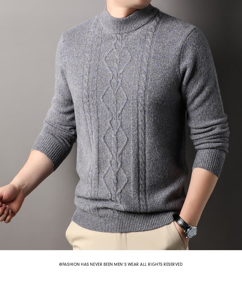 Hengyuanxiang Men's Thickened Wool Sweater Autumn Winter 100% Pure Wool Half Turtleneck Simple Casual Solid Color Knitwear 11