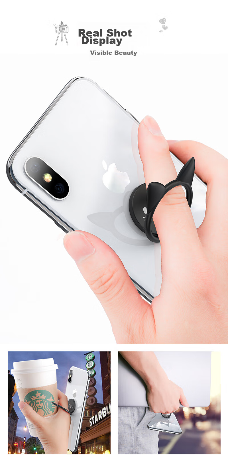 Zitai Phone Stand Ring Holder, Desktop Lazy Ultra-Thin Cartoon Creative Magnetic Car Mount Compatible, Universal for Apple/Huawei/Xiaomi/Tablets, Black 12