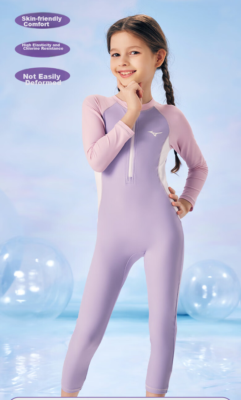 MIZUNO Children's Swimsuit, One-Piece Long-Sleeve Sun Protection Surfing Suit for Girls And Boys, Quick-Drying Baby Hot Spring Swimwear B447 Purple 130 7