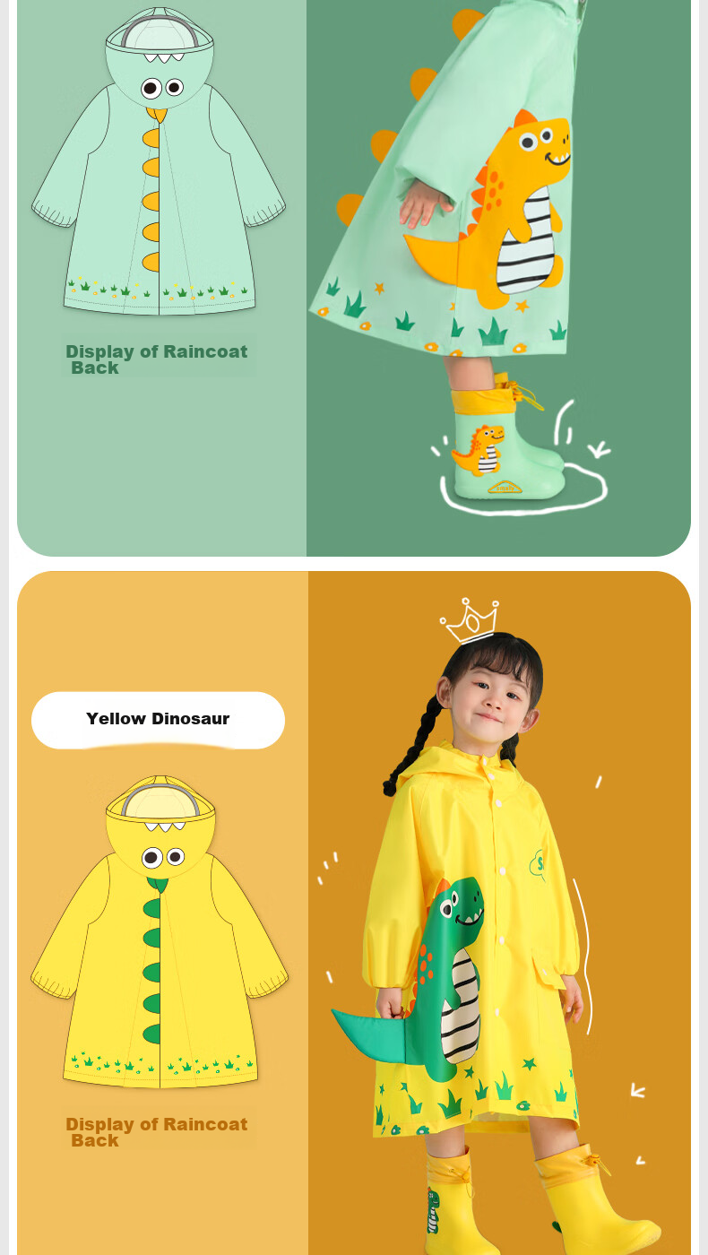Moremerry Children's Raincoat for Boys And Girls, Kindergarten Kids, Toddlers, Full-Body Poncho, Yellow Cute Dinosaur Design, XL Size 14