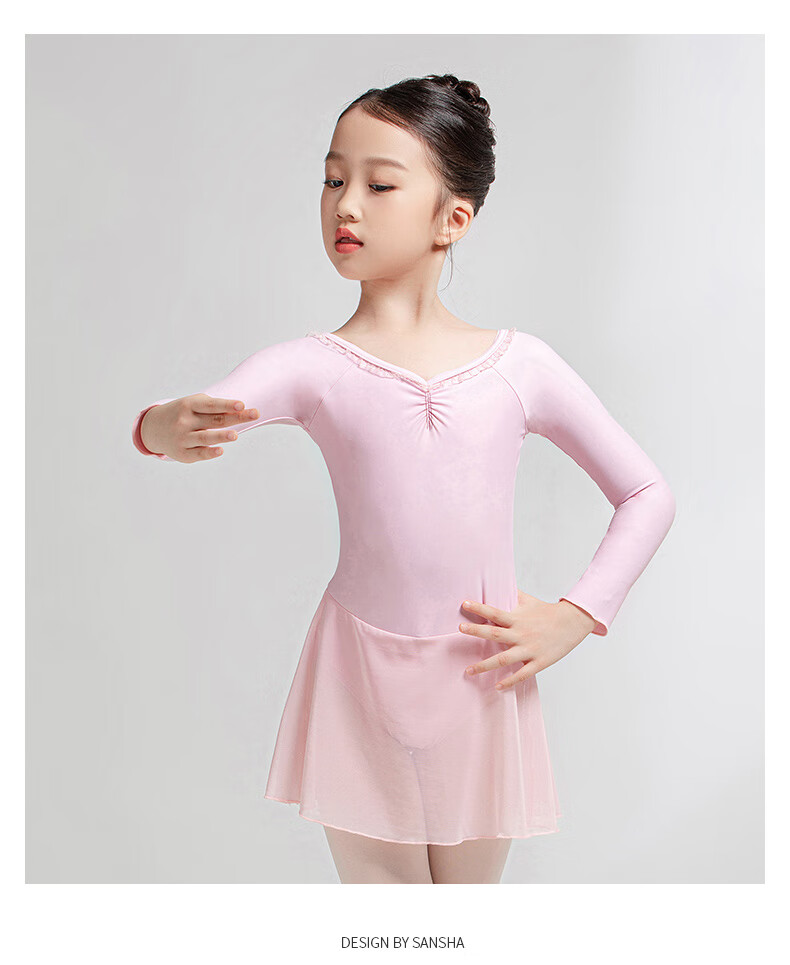 Sansha Ballet Practice Dress, Children's Dance Costume Long-Sleeve Dress Chiffon V-Neck Lace Bodysuit Dress, Light Blue, M 9