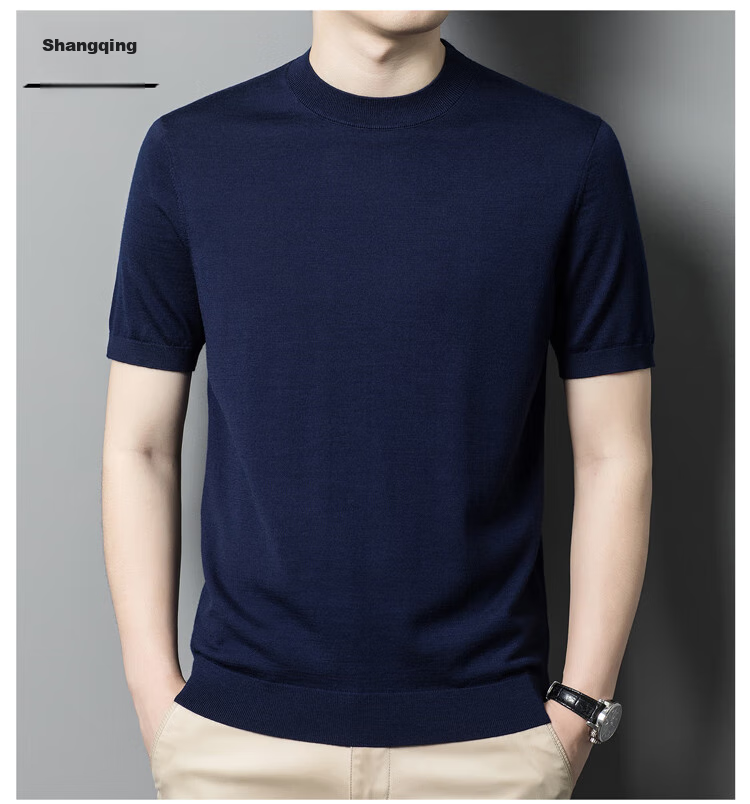 Hengyuanxiang Washable Fine-Spun Wool Sweater for Men, Thin Round Neck Short Sleeve Knitted T-Shirt Pullover, Bright Red, Size 165 22