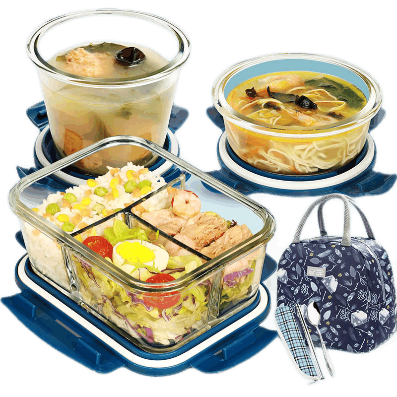 Chuangde Heat-Resistant Glass Food Storage Containers Microwave Lunch Box Set with Round 400ml+700ml+Three-Compartment 1020ml+Bag+Cutlery for Office Workers