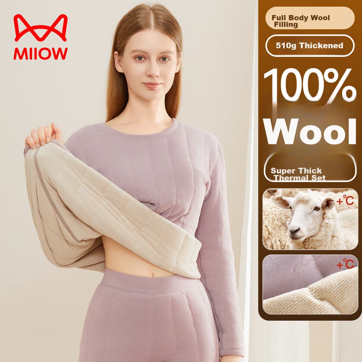 MiiOW [100% Wool Filling] Women's Thermal Underwear Set, Fleece-Lined Thickened Autumn Top And Bottom, Cold-Resistant Couple's Winter Wear