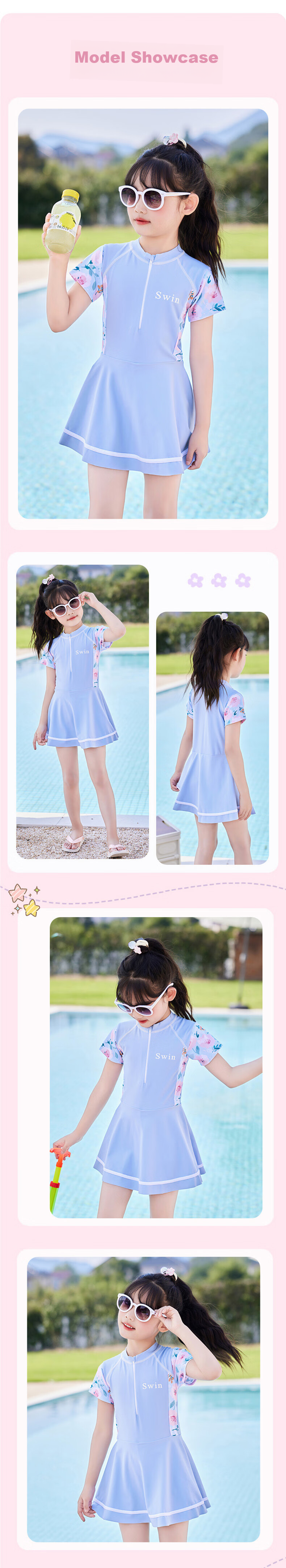 Babyprints Children's Swimsuit One-Piece Swimwear for Girls, Quick-Dry Training Suit for Older Kids, Suitable for Hot Springs, Blue, Size L 5