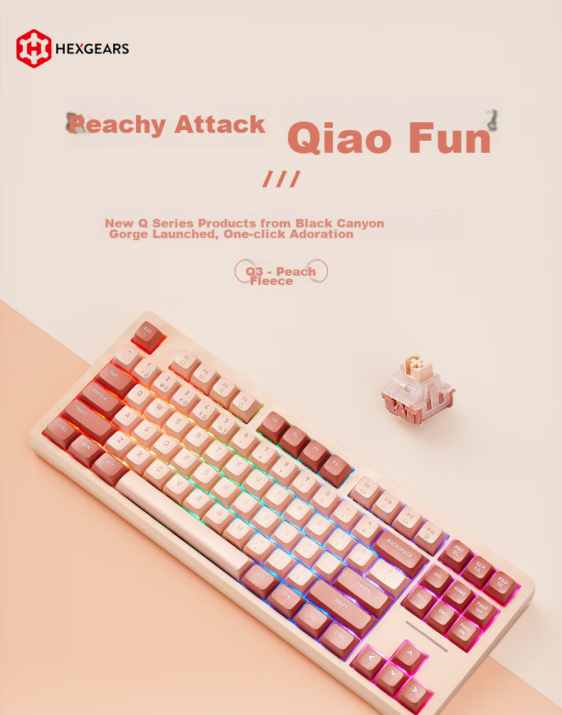 Hyeku Q3 87-Key Tri-Mode Wireless Bluetooth Customizable Mechanical Keyboard Full Hot-Swappable Gasket Structure Keyboard for Gaming And Office Use Peach Velvet Color Kailh Meme Switch 1