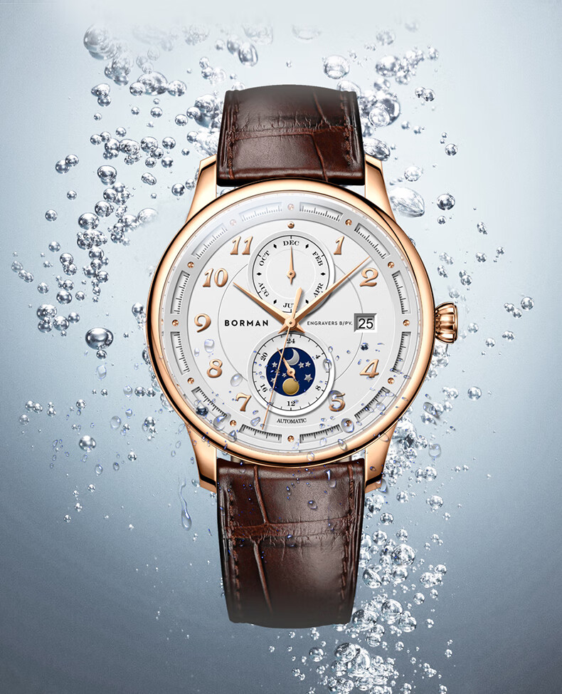 BORMAN BORMAN German Certified Men's Mechanical Watch, Fully Automatic Multifunctional Luxury Watch, Rose Gold Case with White Dial And Brown Leather Strap 13