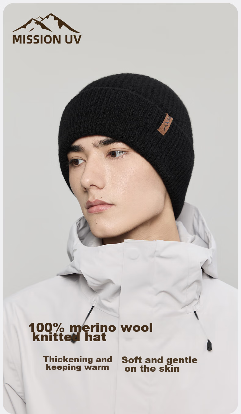 MISSION UV Pure Wool Warm Knit Hat, Autumn And Winter Thickened Knitted Cap, Cold Hat, Winter Hat, Outdoor Ear Protection Cold Cap, Men's Winter Hat 1