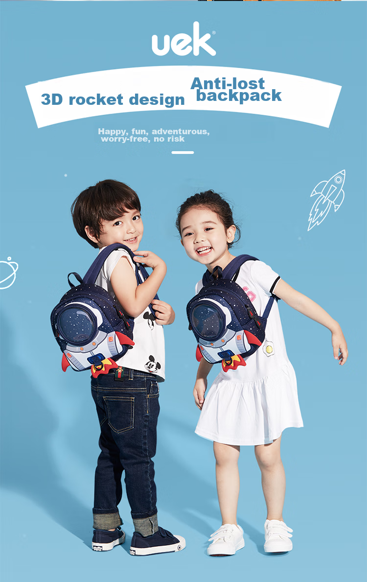 UEK Anti-Lost Backpack for Boys And Girls Aged 1-3 Kindergarten Anti-Lost Rocket Large Blue Children's Small Schoolbag 1