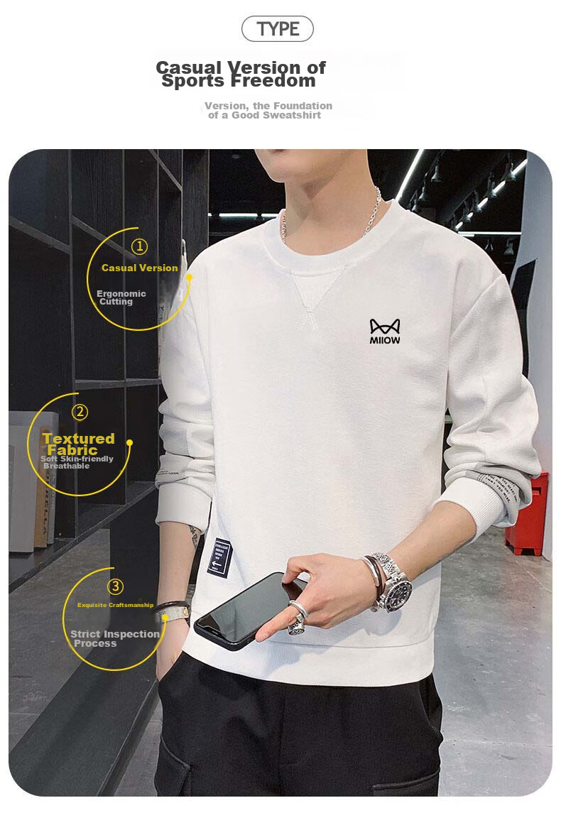 MiiOW Sweatshirt for Men, Spring And Autumn Long-Sleeve T-Shirt, Round Neck Casual Trendy Brand Long-Sleeve Undershirt Top, Gray, 3XL 6