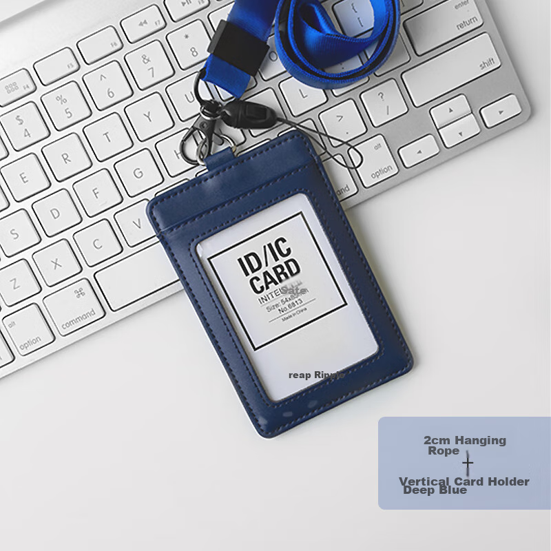 Reap Genuine Leather Work Badge, Corporate Employee ID Card Holder, Document Case with Storage Slots, Neck Strap Badge, Conference Access Card, Work ID Holder, Cowhide Material, Customizable, Dark Blue Vertical Style 6813