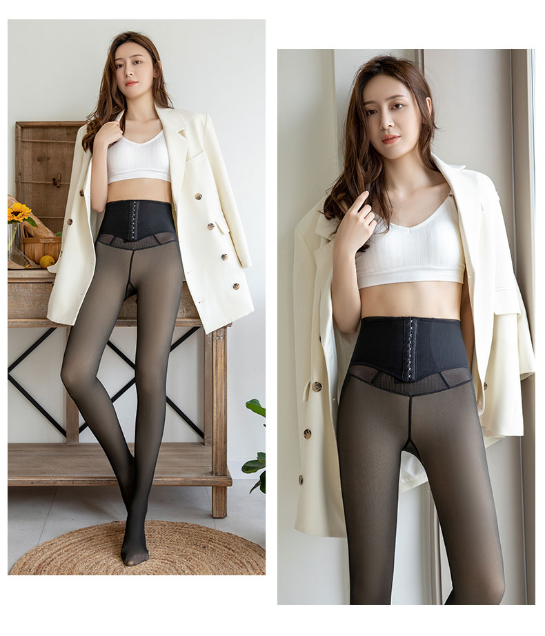 Langsha Women's Faux Sheer Leggings Spring Autumn Thin Fleece High Waist Buttoned Tummy Control Waist Shaping Plus Size Pantyhose Tights 20