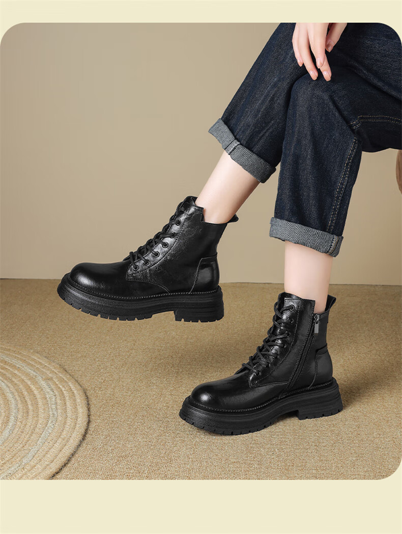 DAPHNE Black Martin Boots for Women, Autumn And Winter Fleece-Lined Thick-Soled Heightening 2025 New Style Boots, British Style Low-Cut Ankle Boots 8