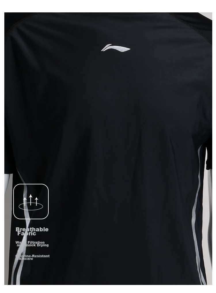 Li-Ning Swimming Trunks, Men's Top, Surfing Suit, Comfortable Quick-Dry Diving Professional Training Swimwear, Black, XXL 4