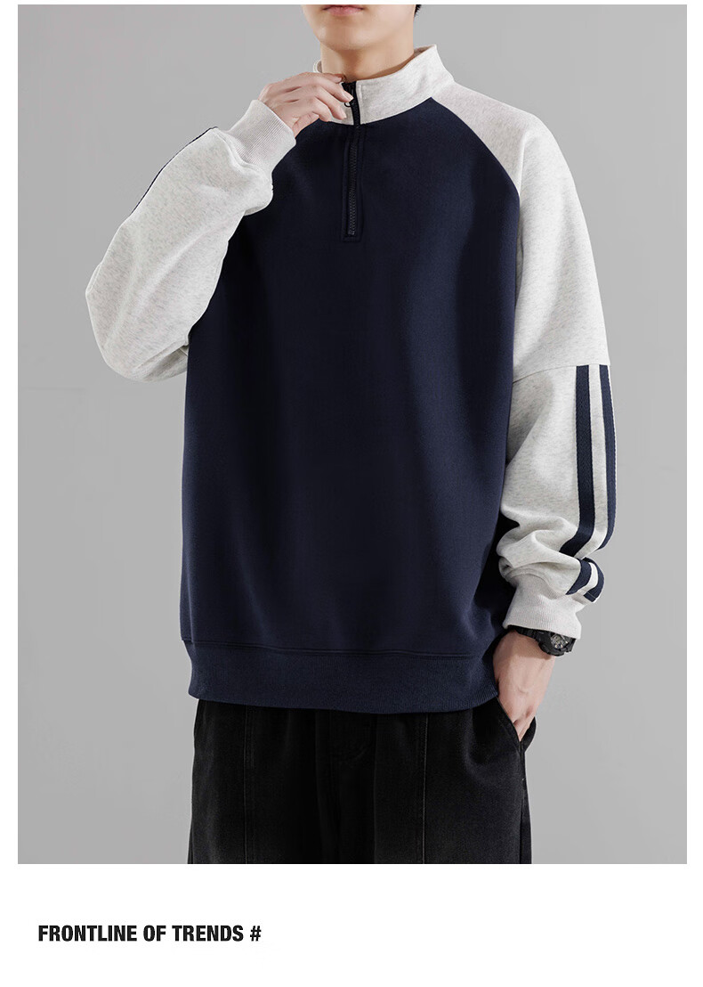 MMOPTOP American-Style Half-Zip Sweatshirt for Men, Spring And Autumn Season, Contrasting Color Raglan Sleeve, Loose Casual Top, 8905 Navy Blue L 9