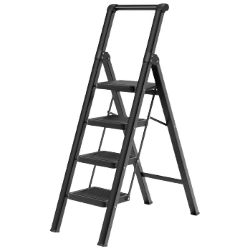 Cenggao Folding Ladder for Home Use, A-Frame with Handrails, Thickened Carbon Steel, Widened Treads, Modern Gray, Five Steps, Export Quality