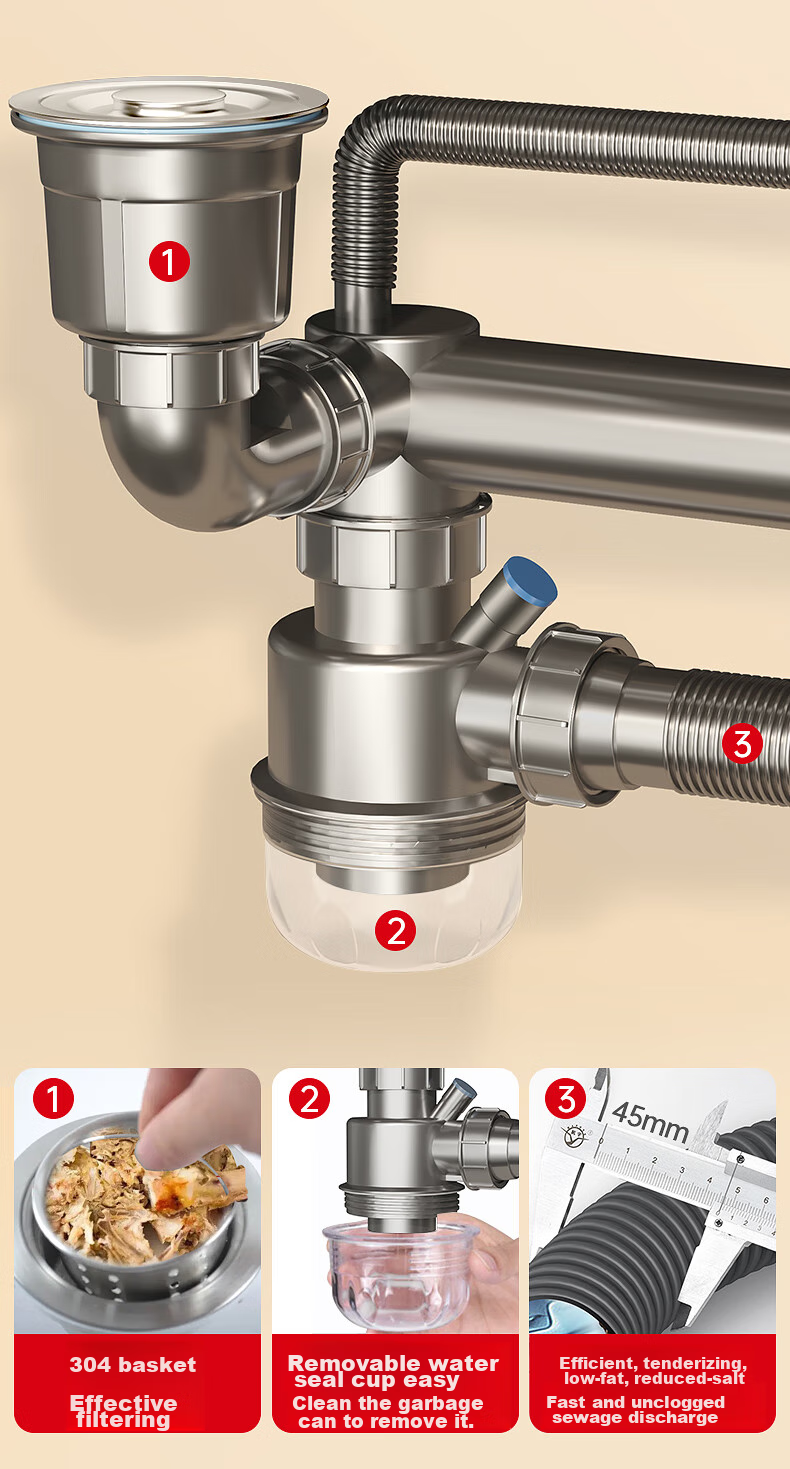 DU PONT Kitchen Sink Drain Pipe Fittings, Sink Drain Assembly, Double Sink Drainage System, Pipe Set for Washing Dishes And Vegetables, PJ022 12