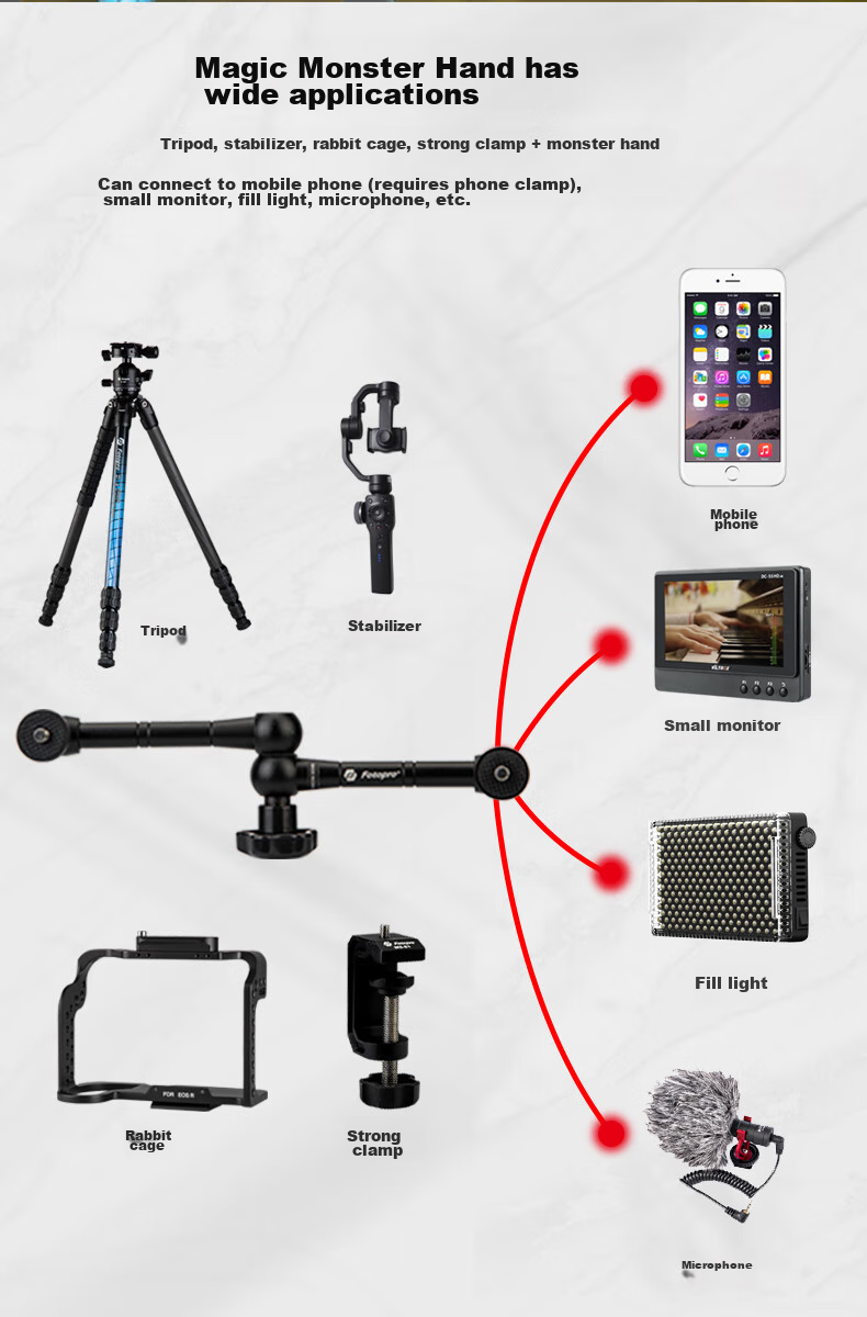 Fotopro, 11-Inch Universal Magic Arm Tripod Head, Camera And Smartphone Adapter Swivel Arm Stand 2