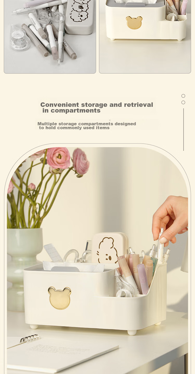 Sannianerban [Back to School Essential] Bear Pen Holder, Large Capacity Storage Box, Student Luxurious Simple Pen Container, Creative Stationery, Office Desk Tissue Organizer Decoration, White Large Size 3