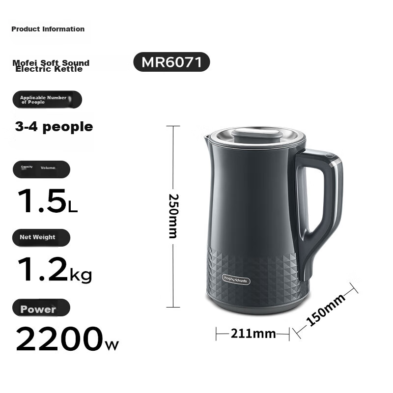 Morphyrichards Soft Sound Electric Kettle, Water Boiler, Hot Water Kettle, Household Constant Temperature Insulated Kettle, 1.5L Stainless Steel 304 Double-Layer Anti-Scalding Real-Time Temperature Display Kettle MR6071 White