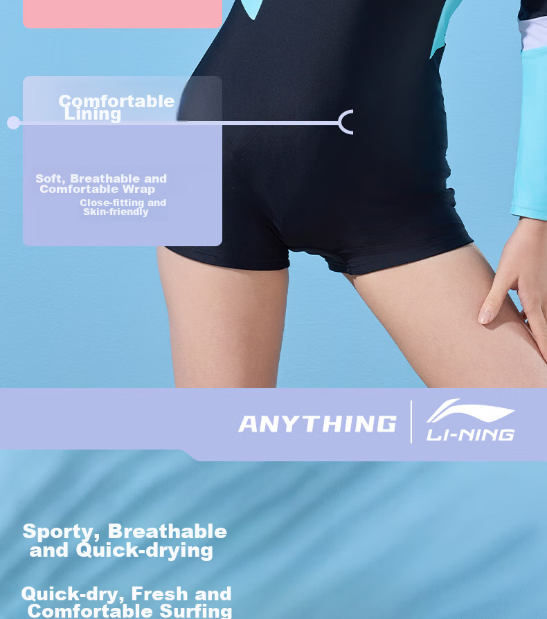 Li-Ning Women's One-Piece Swimsuit, Square Leg, Long Sleeve, Sun Protection, Conservative, Contrasting Colors, Slim Fit, Hot Spring Swimwear, 492 Black Blue, L 5