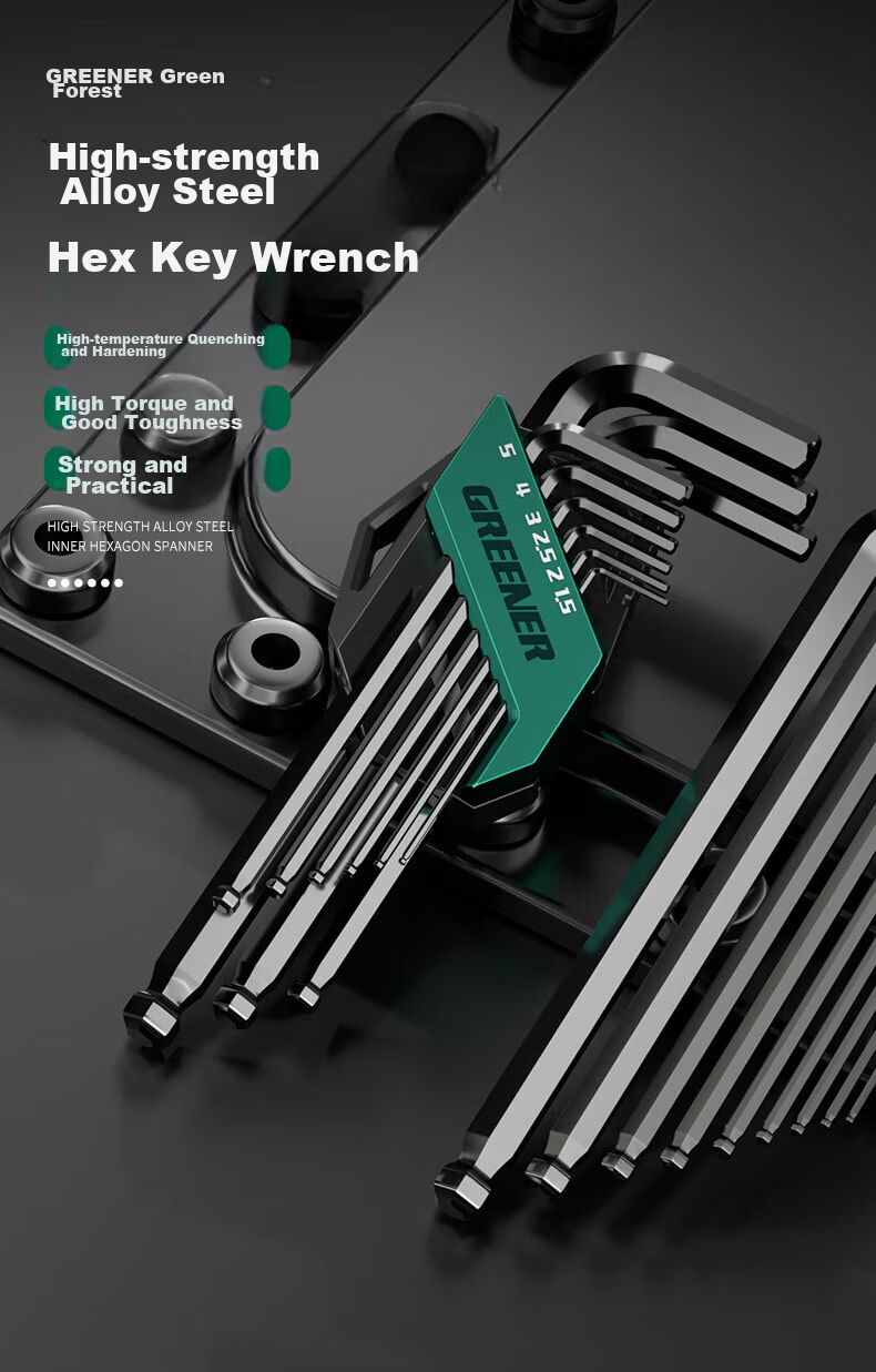 GREENER Hex Key Set for Home Use, Automatic Combination Six-Sided Wrench, Battleship Style 9-Piece Set [Blackened] Extended - Ball 2