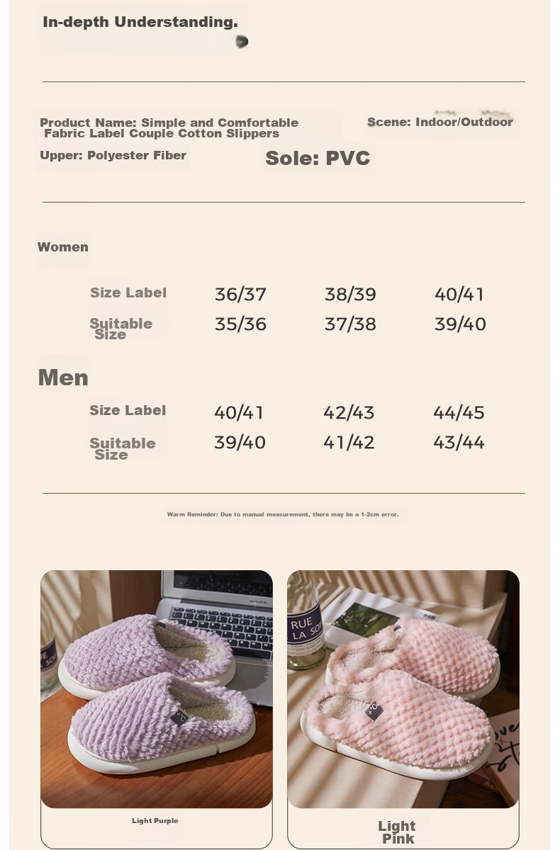 GUOLUOFEI Cotton Slippers, Men's Indoor Thick Warm Couple Thick-Soled Furry Slippers for Women, Beige, Size 36-37 9