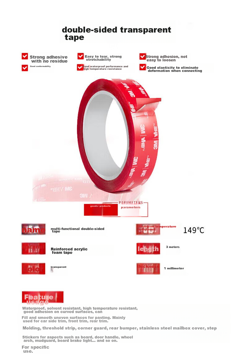 3M VHB™ Double-Sided Tape, Strong Adhesive, Traceless, Heat-Resistant, for ETC Use, Model 4910 Transparent, Length 42mm * Width 5mm, 3M M 5 Pieces 3
