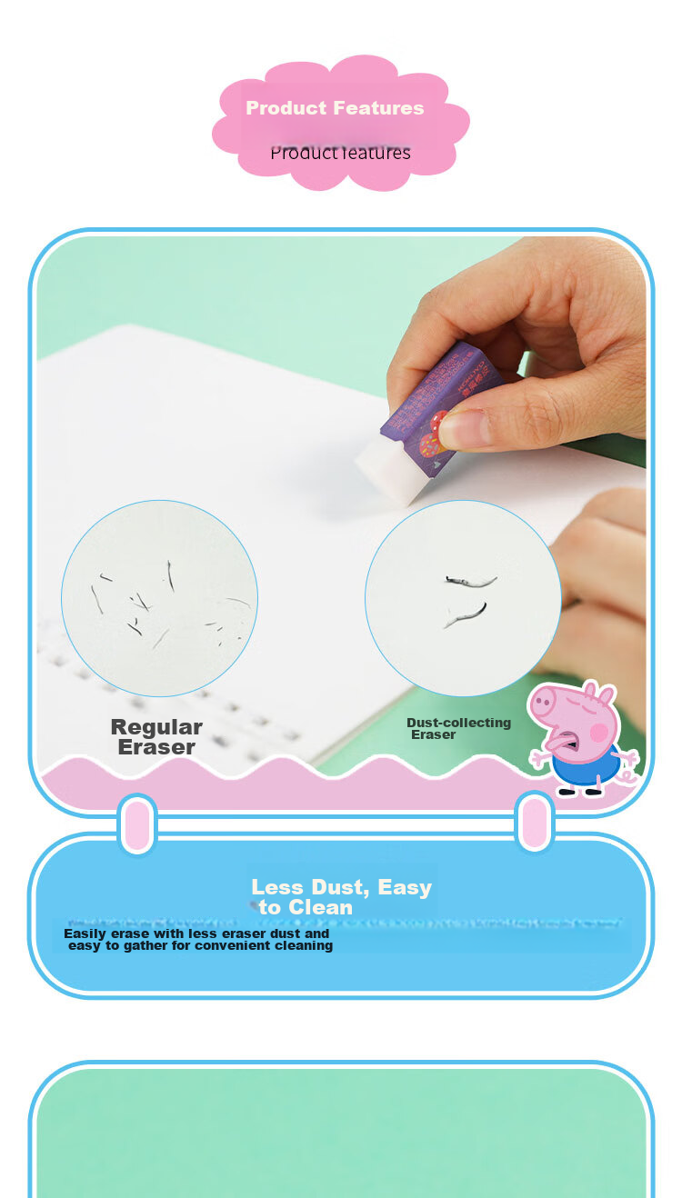 KOKUYO Eraser, Peppa Pig Collaboration Series, Dust Collection Eraser, Student High School Entrance Exam Pencil Eraser, Fine Detail Erasing Creative Eraser, Random Color, 1 Piece, WSG-ER7M01 4