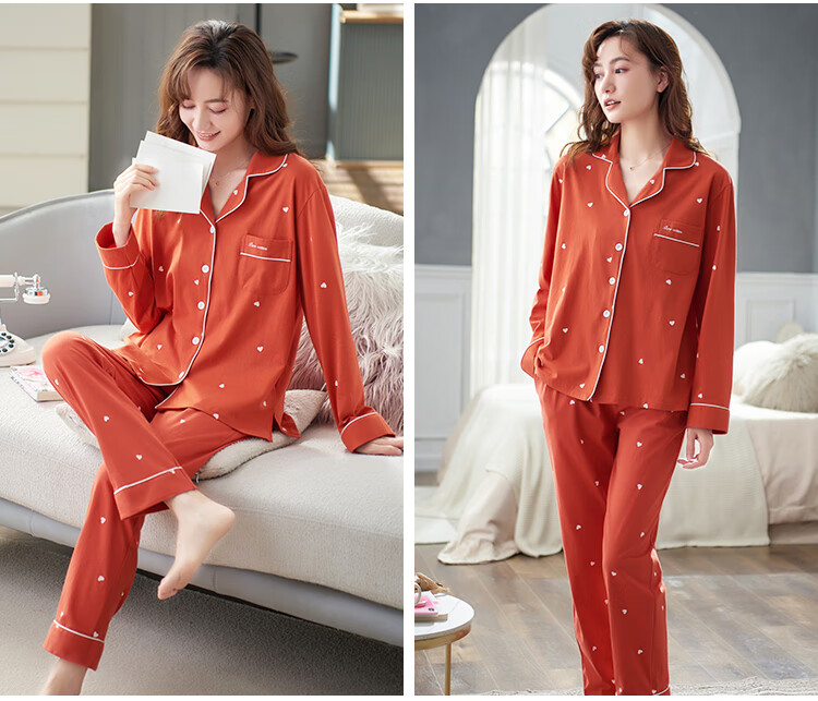 Mianjiyin Women's Pajamas, Spring And Autumn Season, 100% Pure Cotton, Lapel Cardigan, Printed All-Cotton Long-Sleeve, Wearable Outside, Home Loungewear Set 12