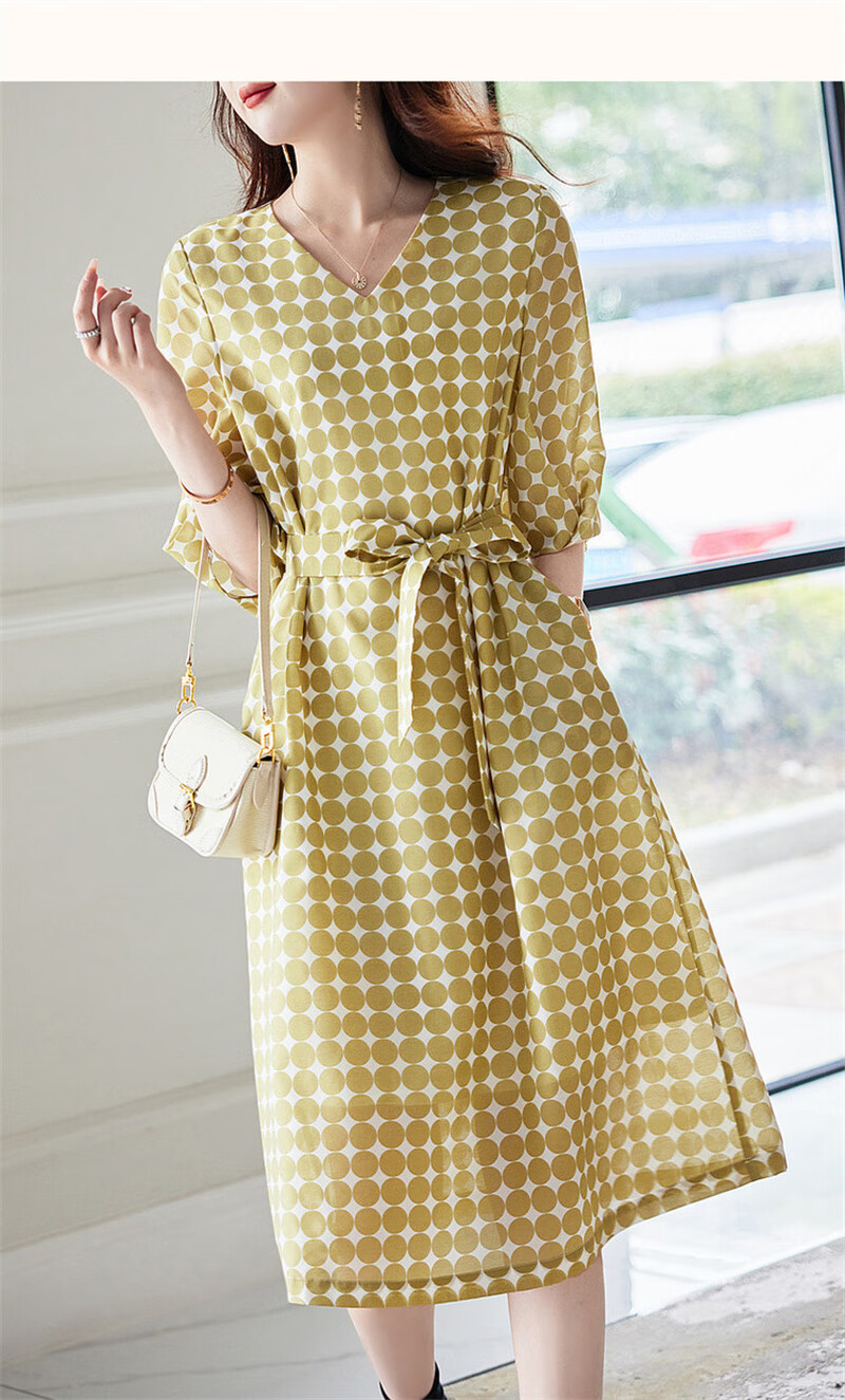 Dme Commuting Polka Dot Vintage Dress Summer V-Neck Lantern Sleeve Chiffon Mid-Length Dress for Women 20
