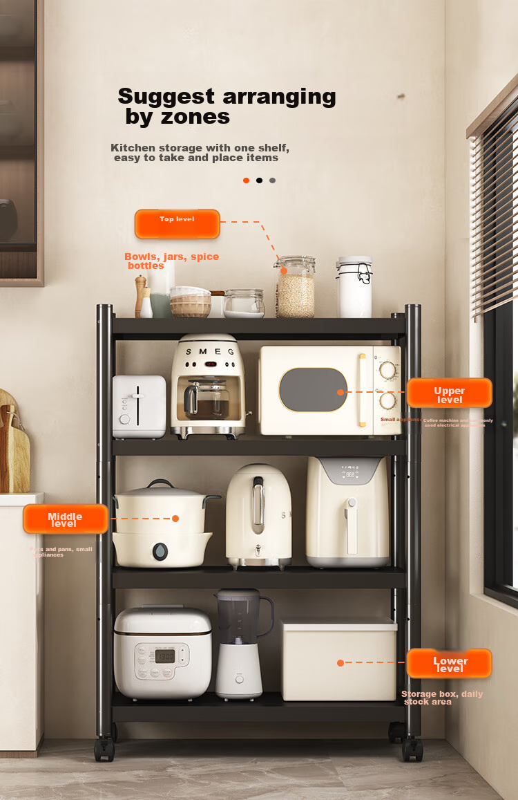 QIAONAMEI Kitchen Storage Rack, Floor-Standing Mobile Organizer Shelf, Oven Rack, Storage Shelf, QNM6135-BK 5
