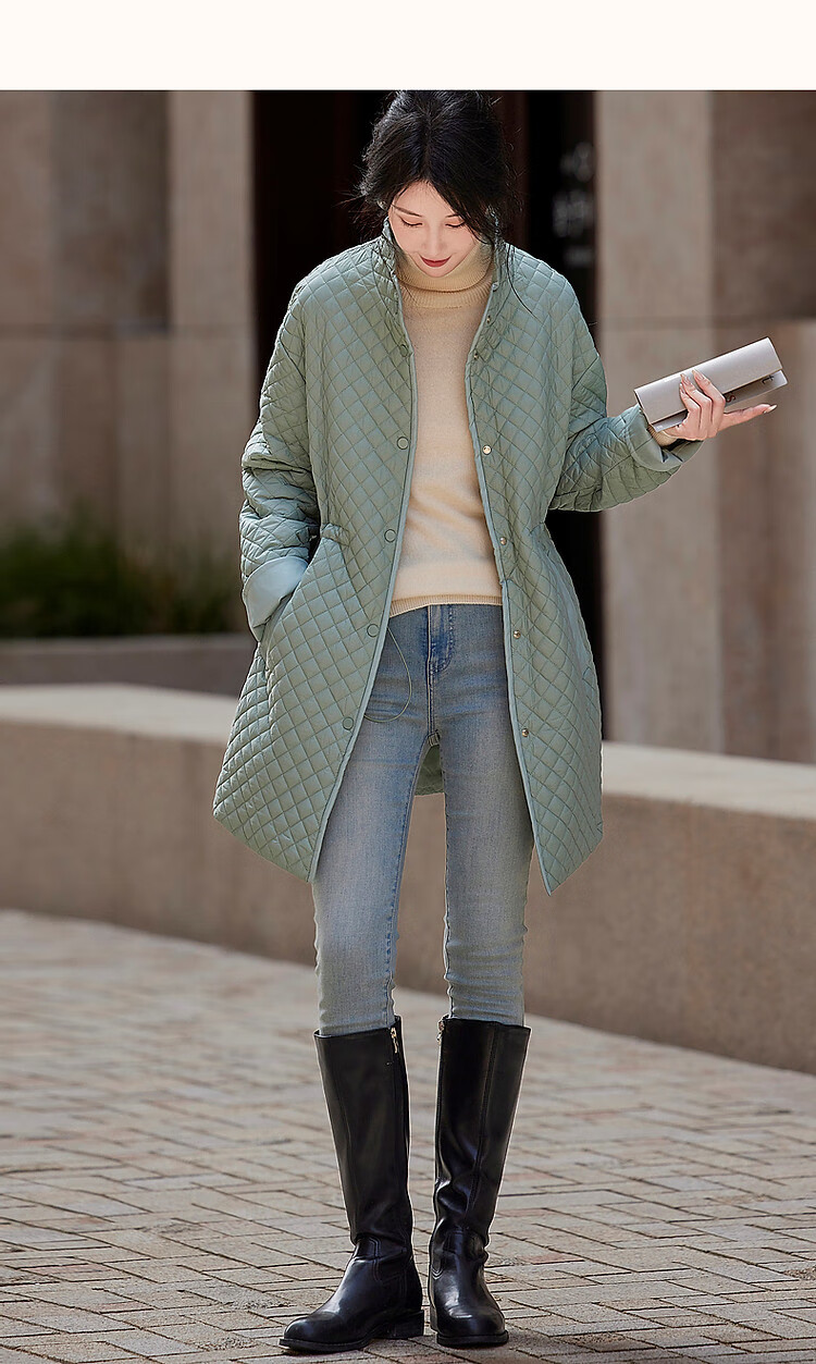 Dme [Quilted Diamond-Patterned Cotton Coat] Winter Stand-Collar Loose Drop-Shoulder Anti-Chafe Padded Jacket for Women, Mid-Length Style, Black, Size M 16