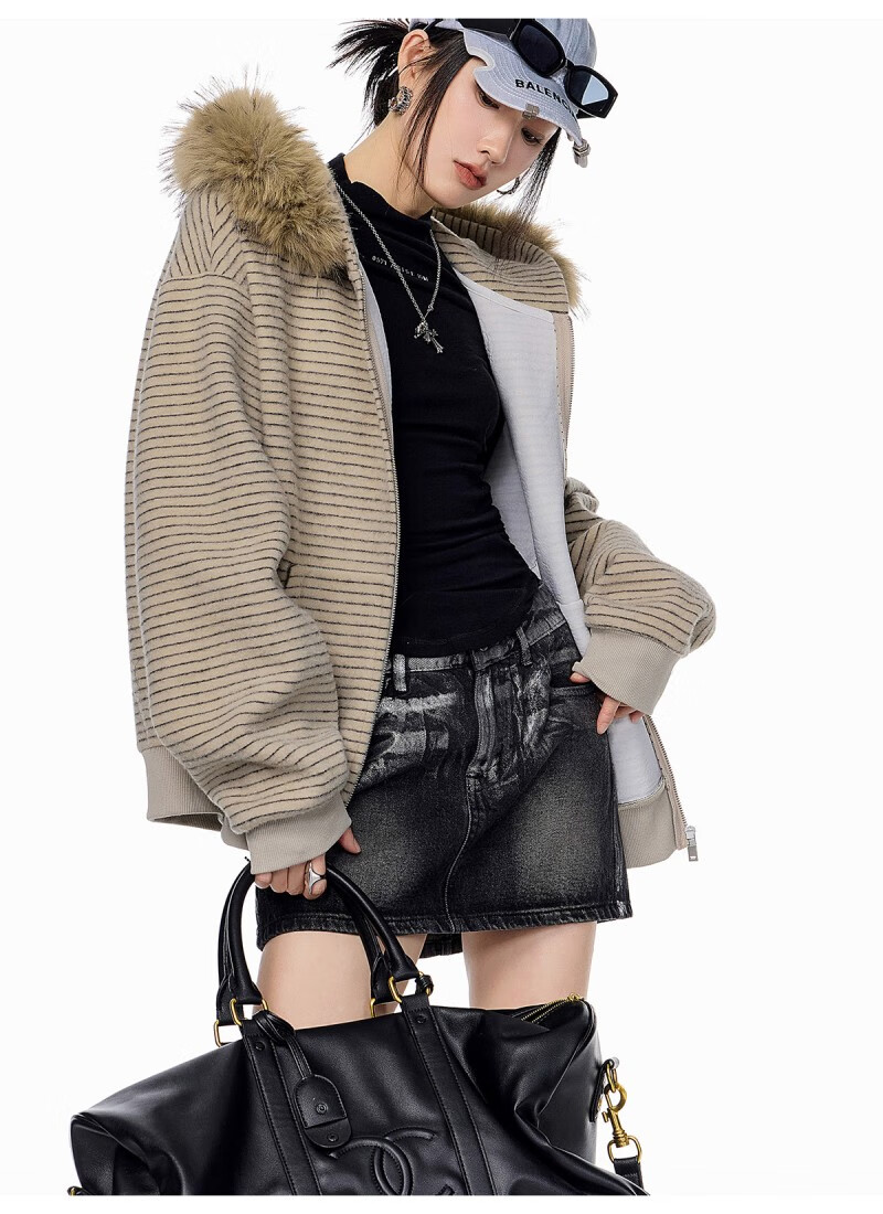 ICH MODE Women's American Style Hooded Striped Jacket with Fur Collar Autumn Winter New Zip-up Sweatshirt Cardigan Black M 24