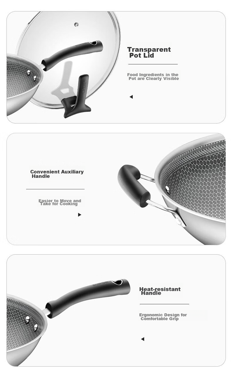 SUPOR Stainless Steel Wok Compatible with Induction And Gas Stoves, Crystal Diamond Honeycomb Frying Pan for Home Use CC30JA9 6
