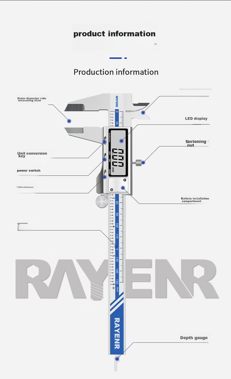 RuiNeng Digital Vernier Caliper High Precision 0.01mm Aerospace Grade IP54 Waterproof Dustproof Glass Grating Chip 13