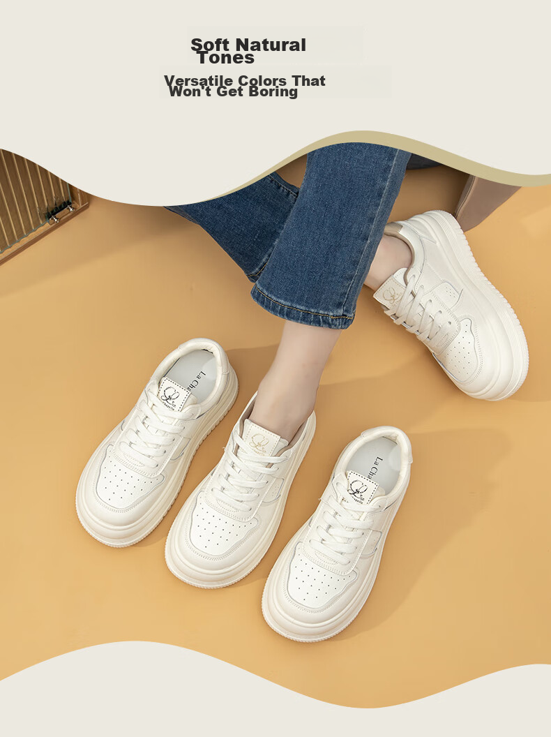 La Chapelle Women's Sneakers, Thick-Soled Versatile White Shoes, Low-Top Casual Sports Shoes for Women-W7059, White And Black, Size 38 2