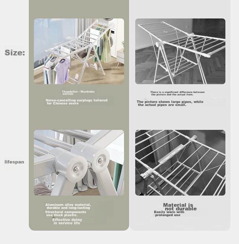 HKG Aluminum Alloy Wing-Shaped Folding Clothes Drying Rack for Balcony, Indoor And Outdoor Use, Suitable for Hanging Clothes And Quilts, 1.6m 3